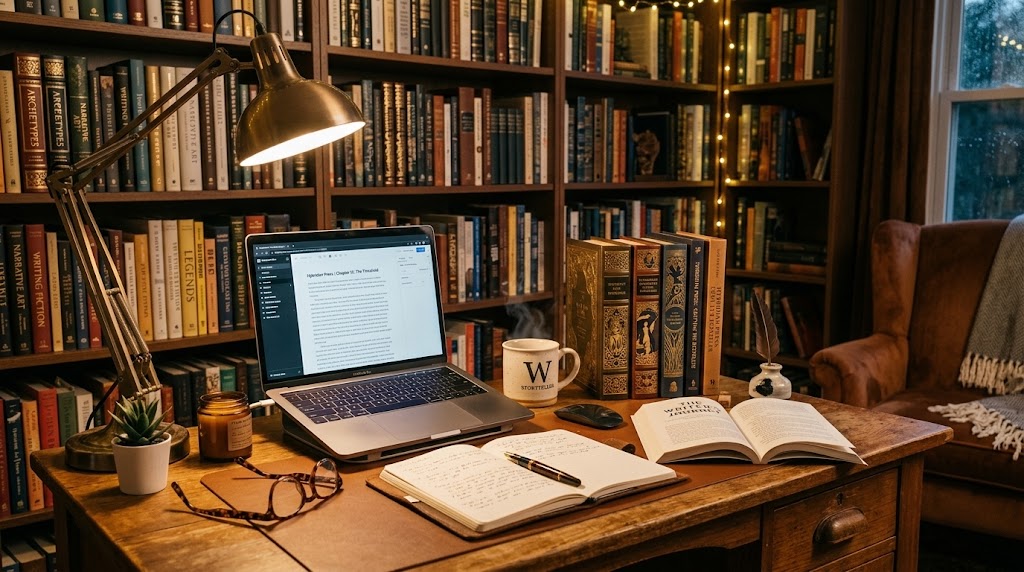 ozy writer desk with a laptop, open notebook, coffee mug, glasses, and published books in front of a warm library bookshelf