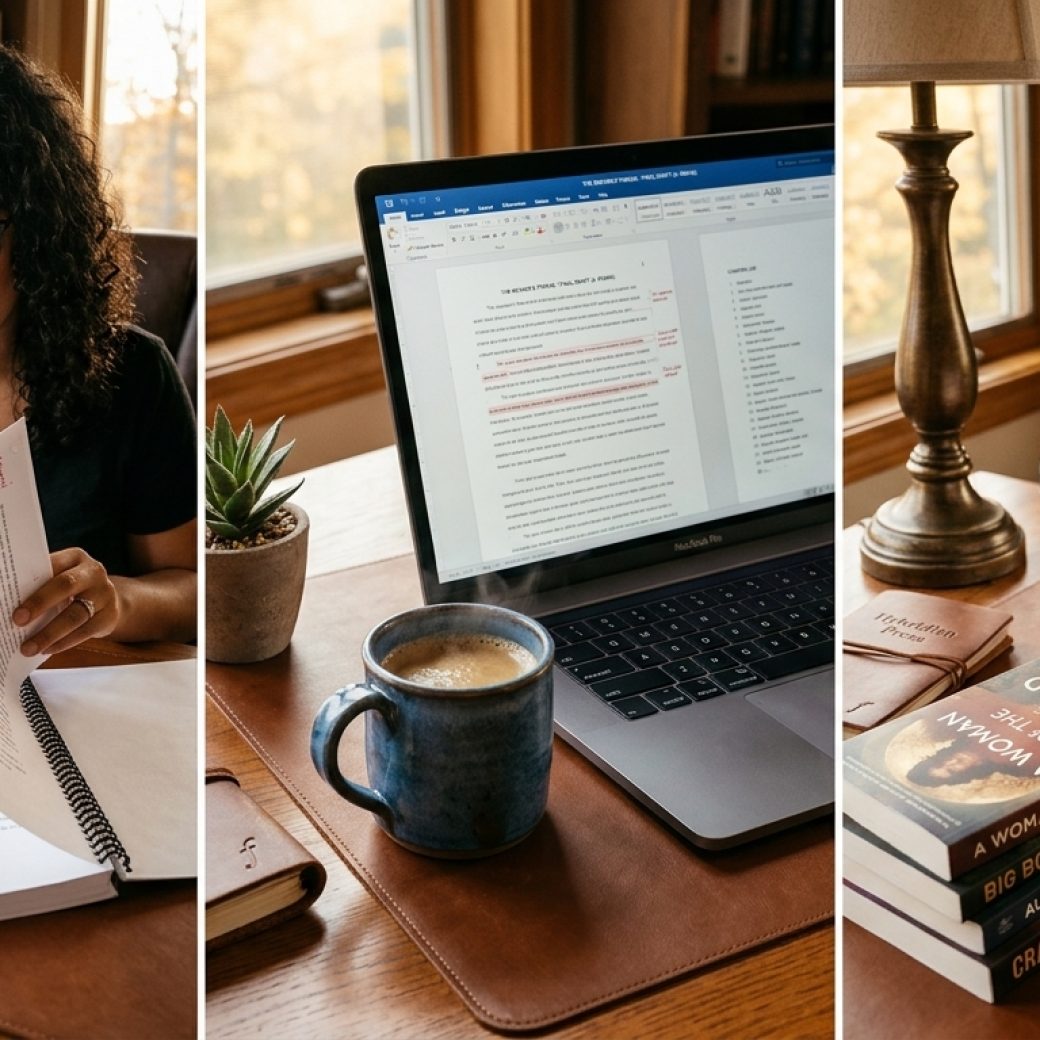 Author reviewing manuscript proofs and discussing book publishing strategy with Hybridian Press